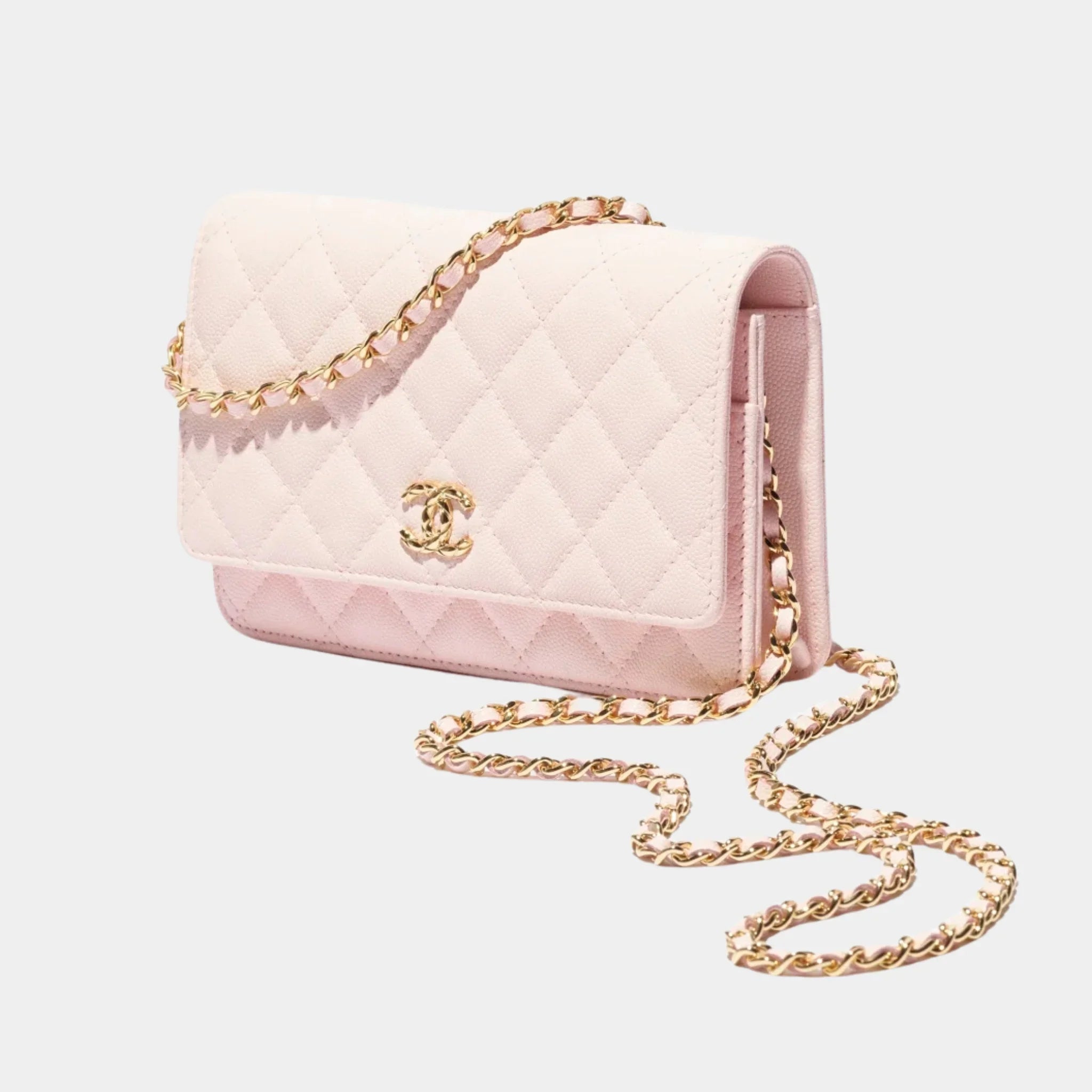 Chanel Wallet On Chain Grained Shiny Calfskin & Gold-Tone Metal, Light Pink, Front