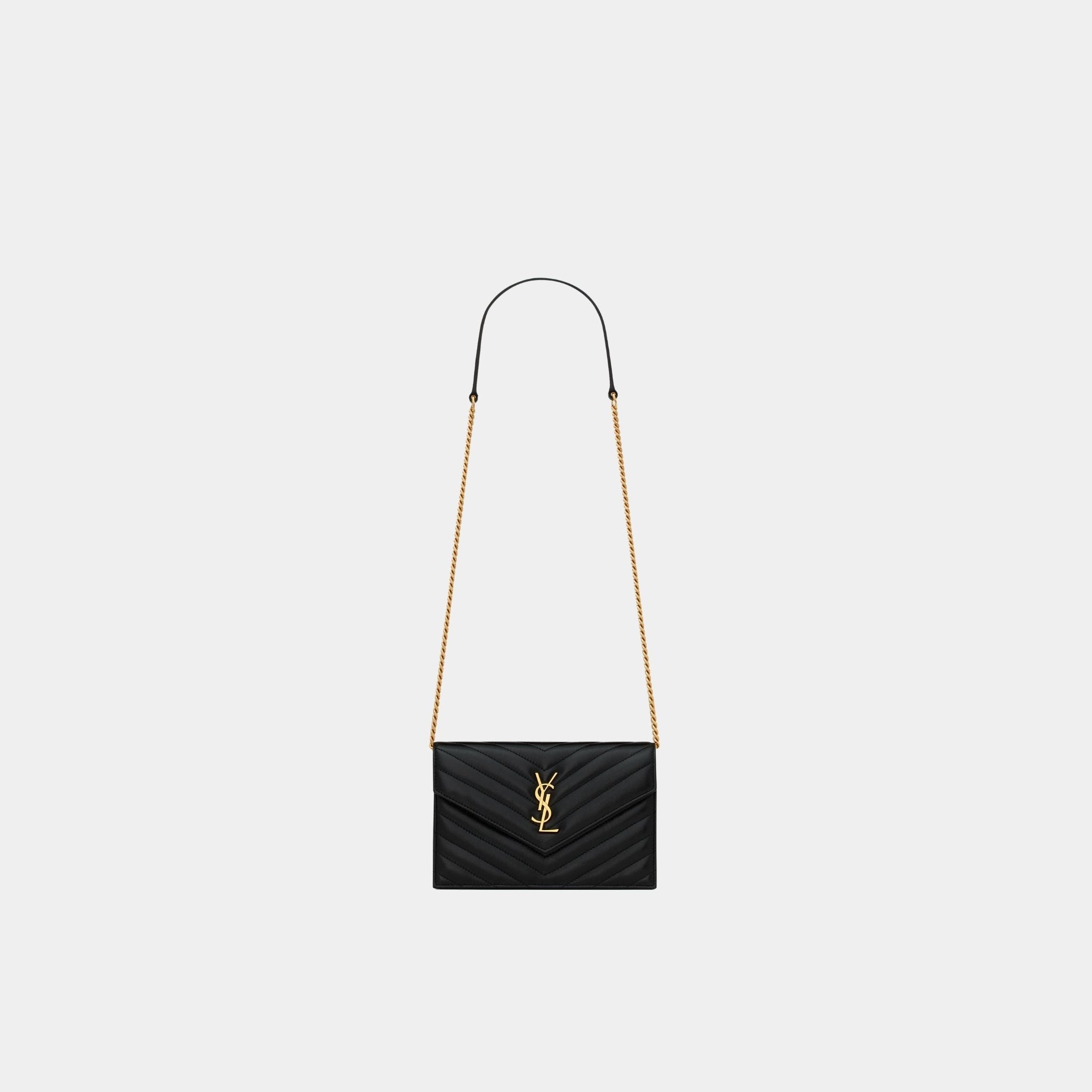 Yves Saint Laurent Cassandre Envelope Chain Wallet In Lambskin, Black, Front