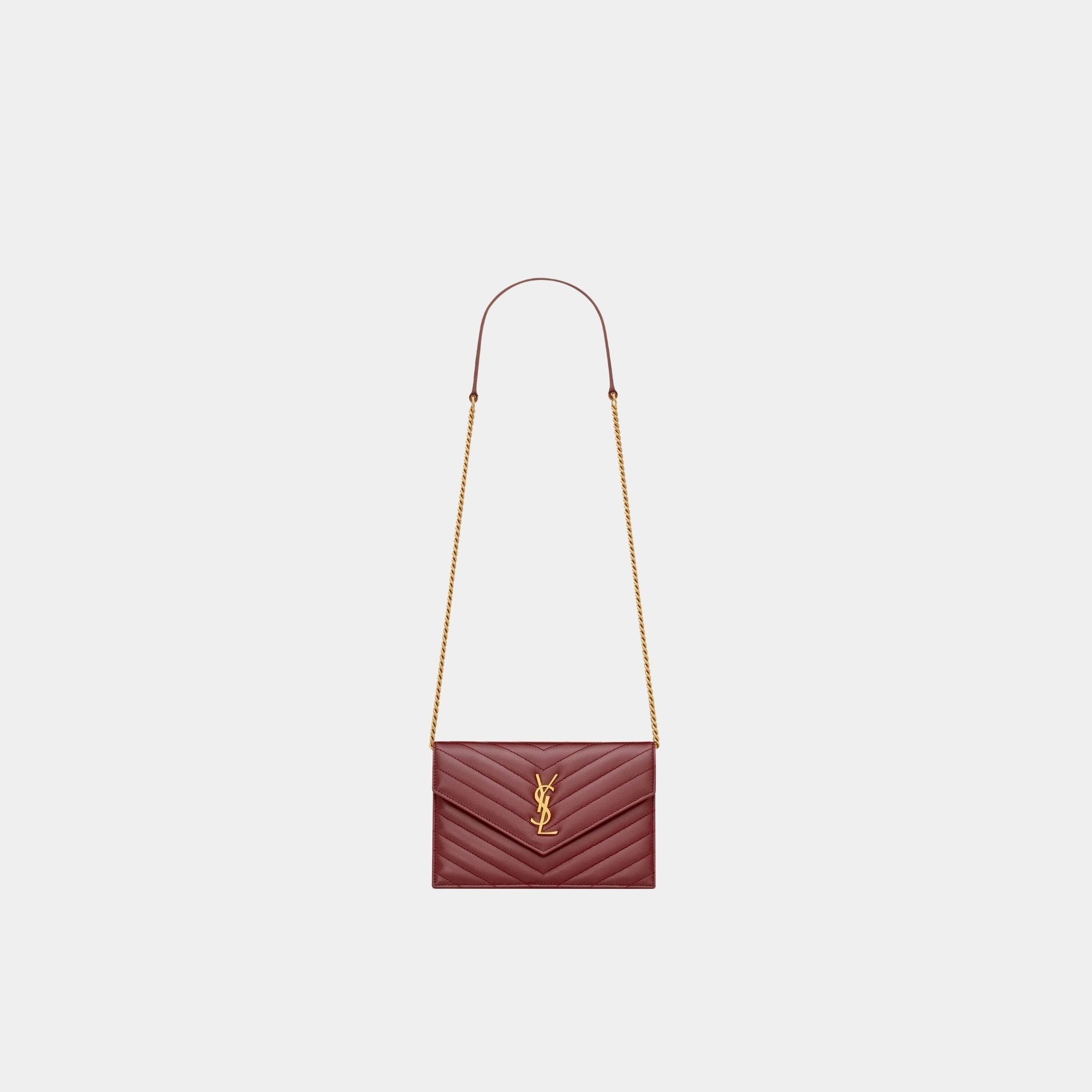 Yves Saint Laurent Cassandre Envelope Chain Wallet In Lambskin, Rouge Merlot, Front