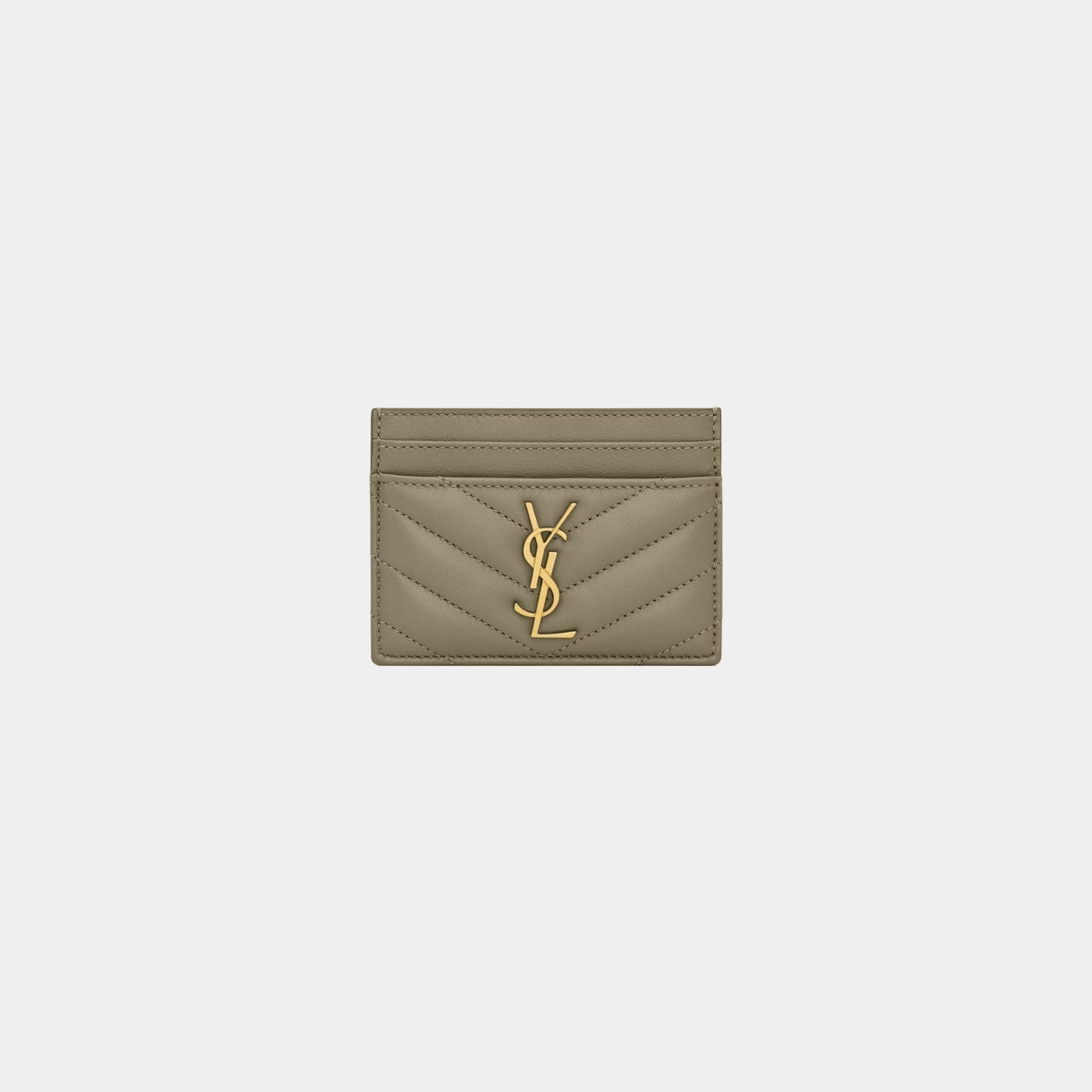 Yves Saint Laurent Cassandre Matelasse Card Case In Lambskin, Strong Moss, Front