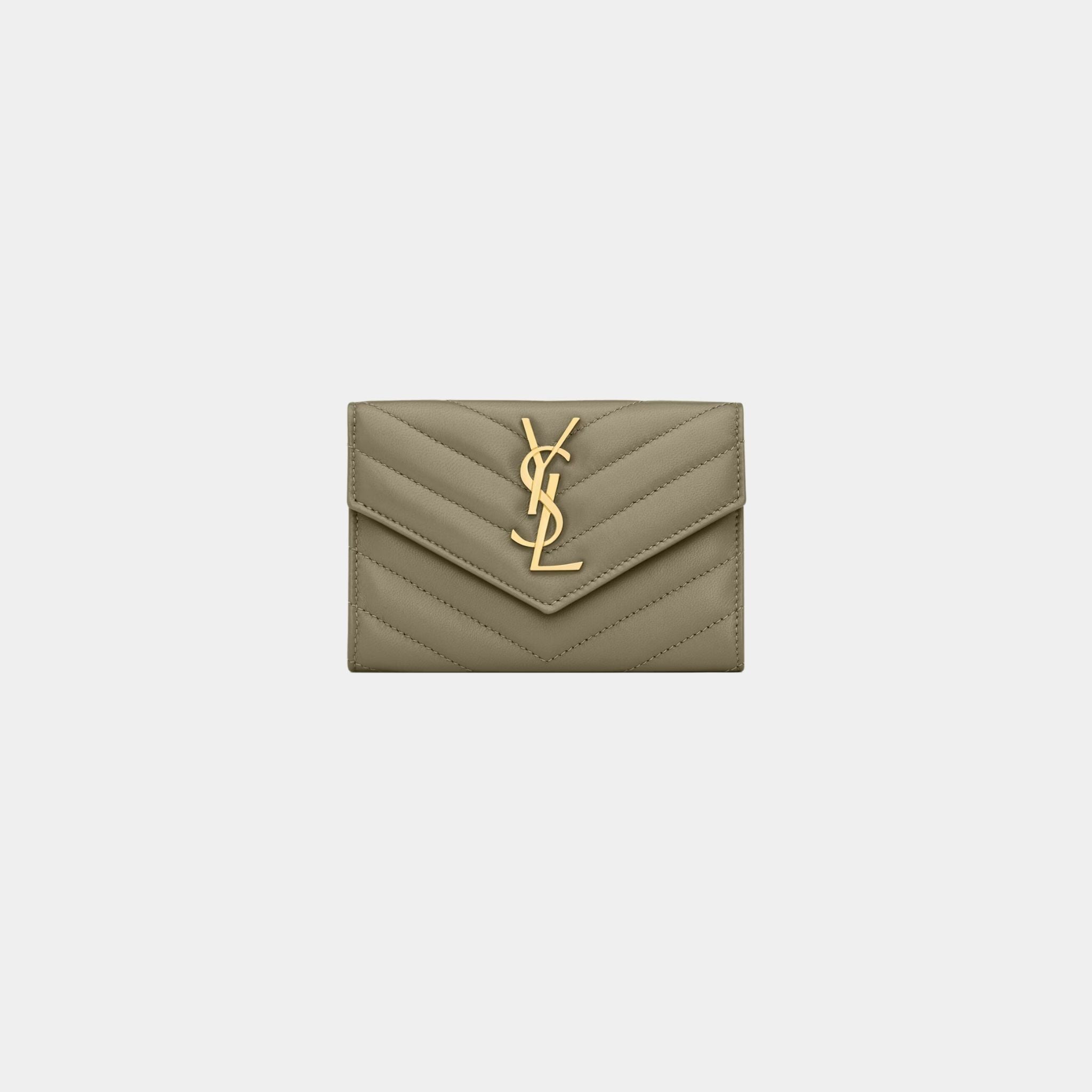 Yves Saint Laurent Cassandre Matelasse Small Envelope Wallet Lambskin, Strong Moss, Front