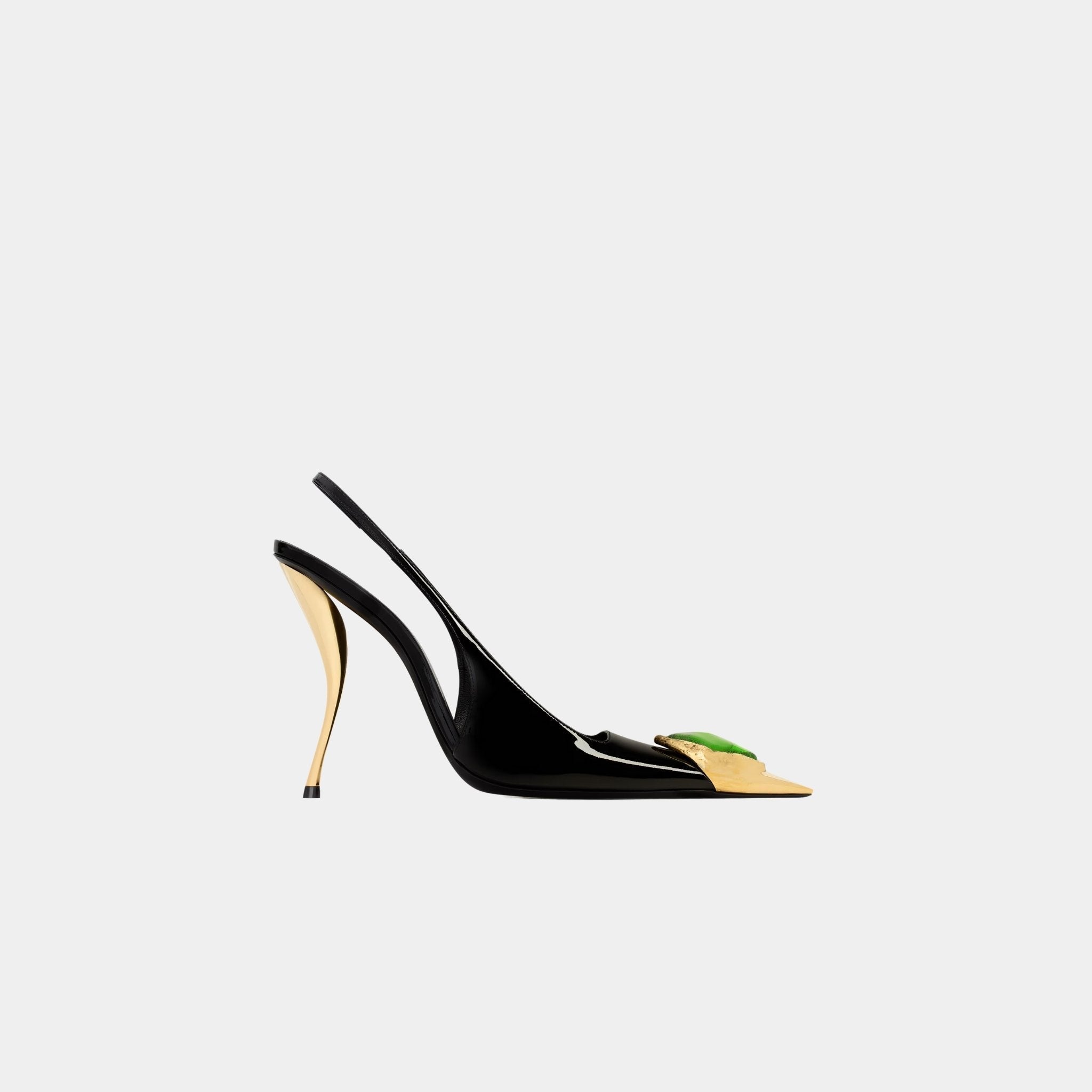 Yves Saint Laurent Loulou Patent Leather Slingbacks, Black, Green, Side