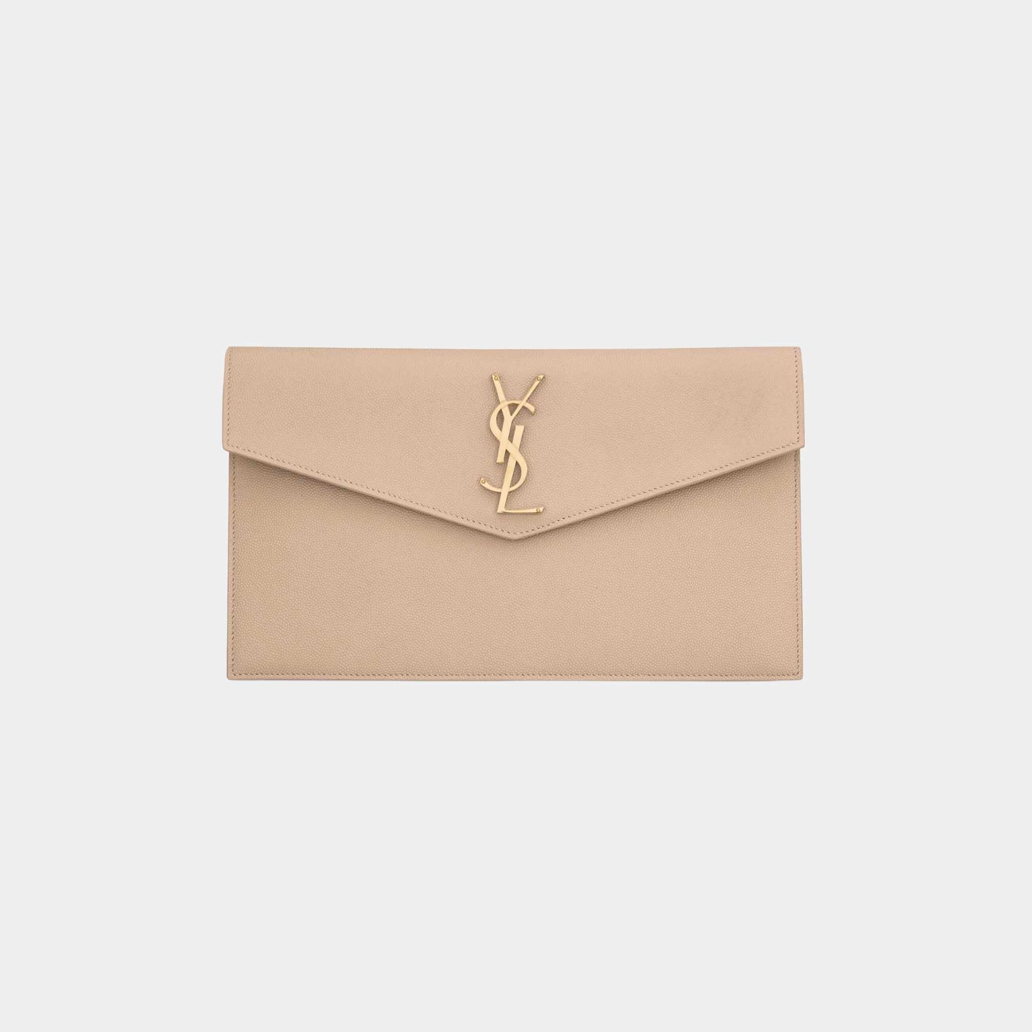 Yves Saint Laurent Uptown Pouch In Grain De Poudre Leather, Dark Beige, Front