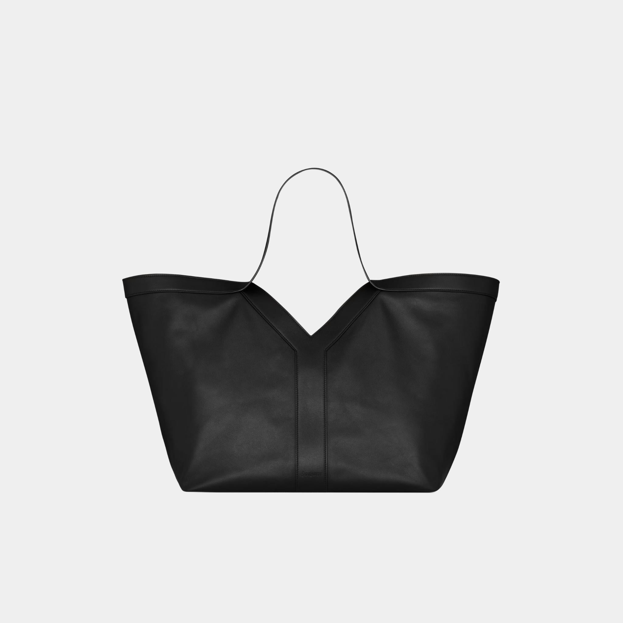 Yves Saint Laurent Y Tote Grained Leather With Tonal Suede Lining, Black, Front