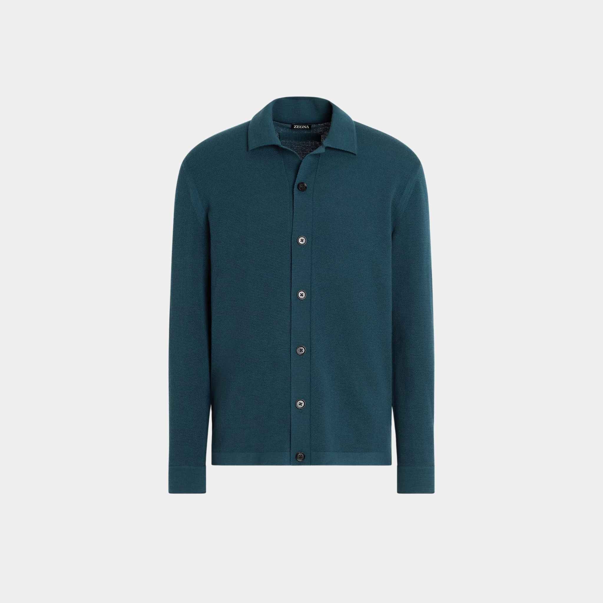 Zegna Wool Shirt With Tridimensional Stitch, Dark Teal Blue, Front